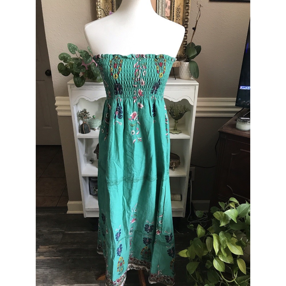 Women's Hessi Sz M Strapless Smocked Floral BOHO Green Maxi Dress